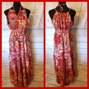 Kara and Kate matte satin halter style sundress paisley print red, blue Large